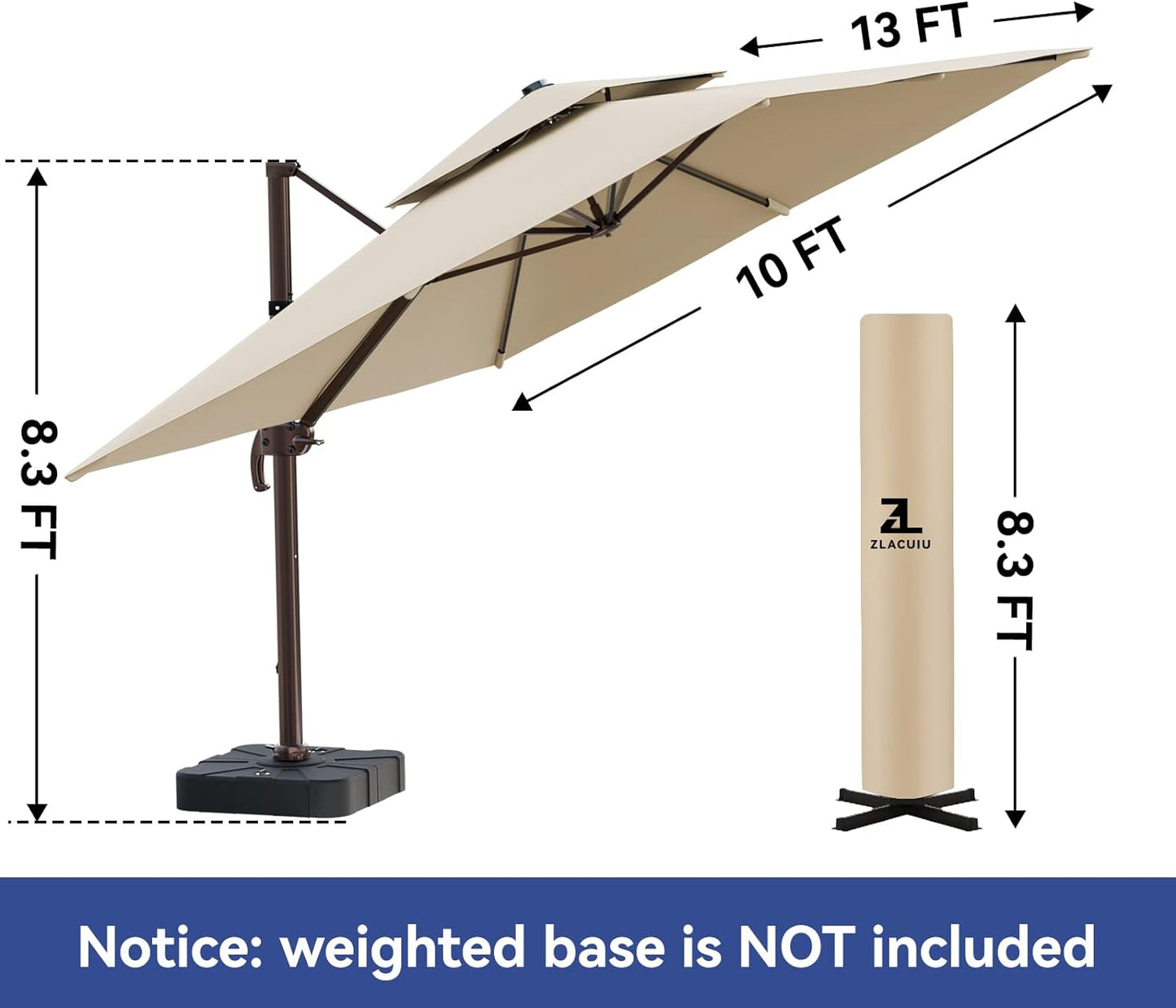 Beautiful Outdoor Patio Umbrella Quality10X13Ft Cantilever Outdoor Patio Umbrellas, Double Top Large Rectangle Umbrella, Heavy Duty 360° Rotation Offset Outdoor Sun Shade Umbrella for Garden Deck Pool Backyard Patio, Beige