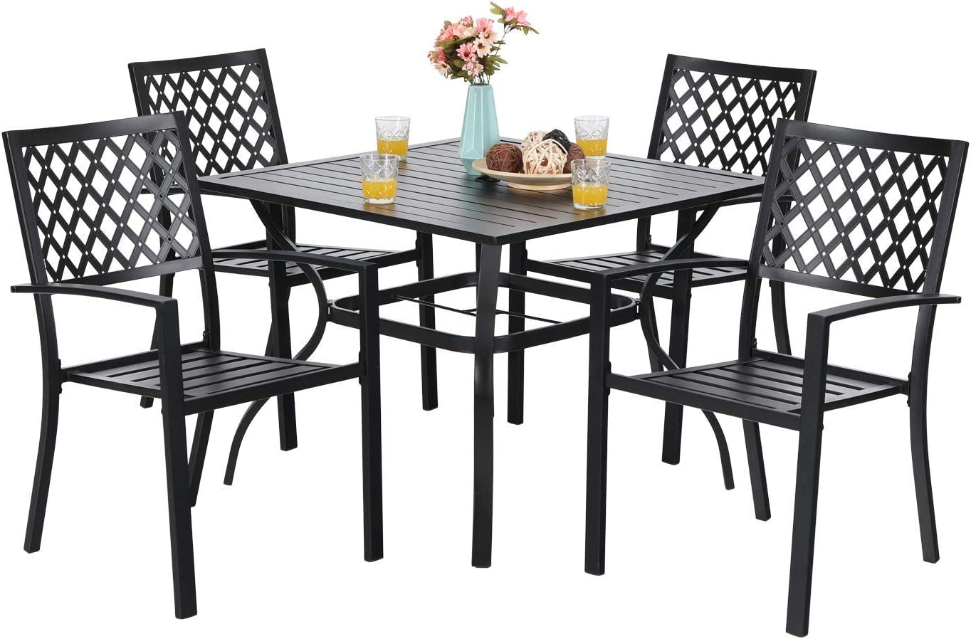 Patio Dining Set Wrought Iron Outdoor Table and Chairs Furniture Set 5 Piece, 37" Square Bistro Table with Umbrella Hole and 4 Backyard Garden Chairs Support 300LBS for Deck, Lawn, Garden