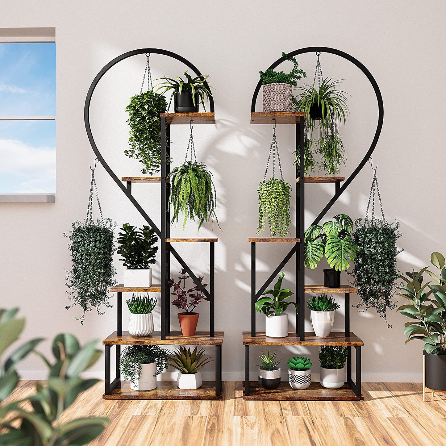 6 Tier Metal Plant Stand, Creative Half Heart Shape Ladder Plant Stands for Indoor Plants Multiple, Black Plant Shelf Rack for Home Patio Lawn Garden (2 Pack)