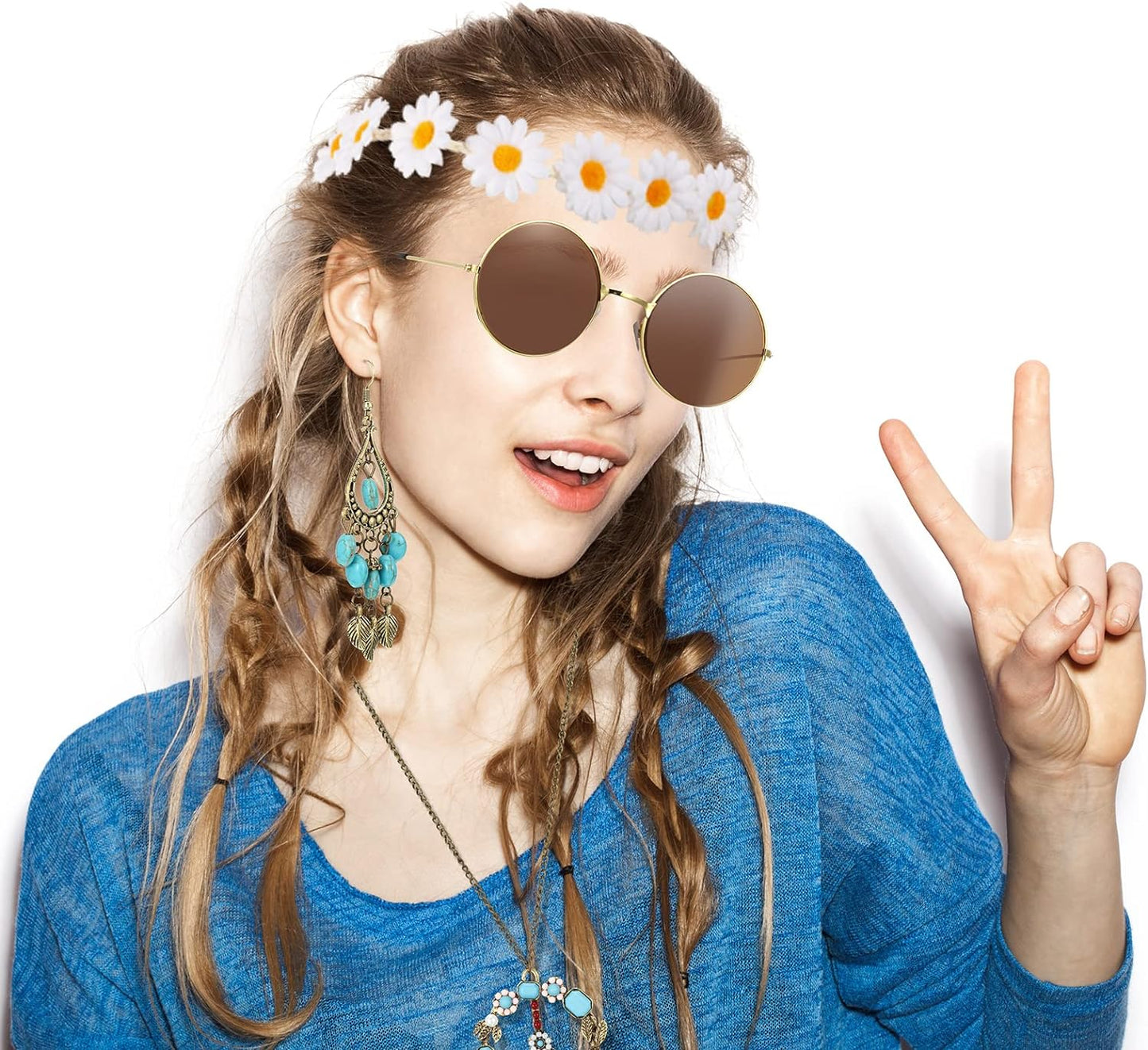 Hippie Costume Set Include Sunglasses, Headband, Peace Sign Necklace and Earring (Turquoise Style)