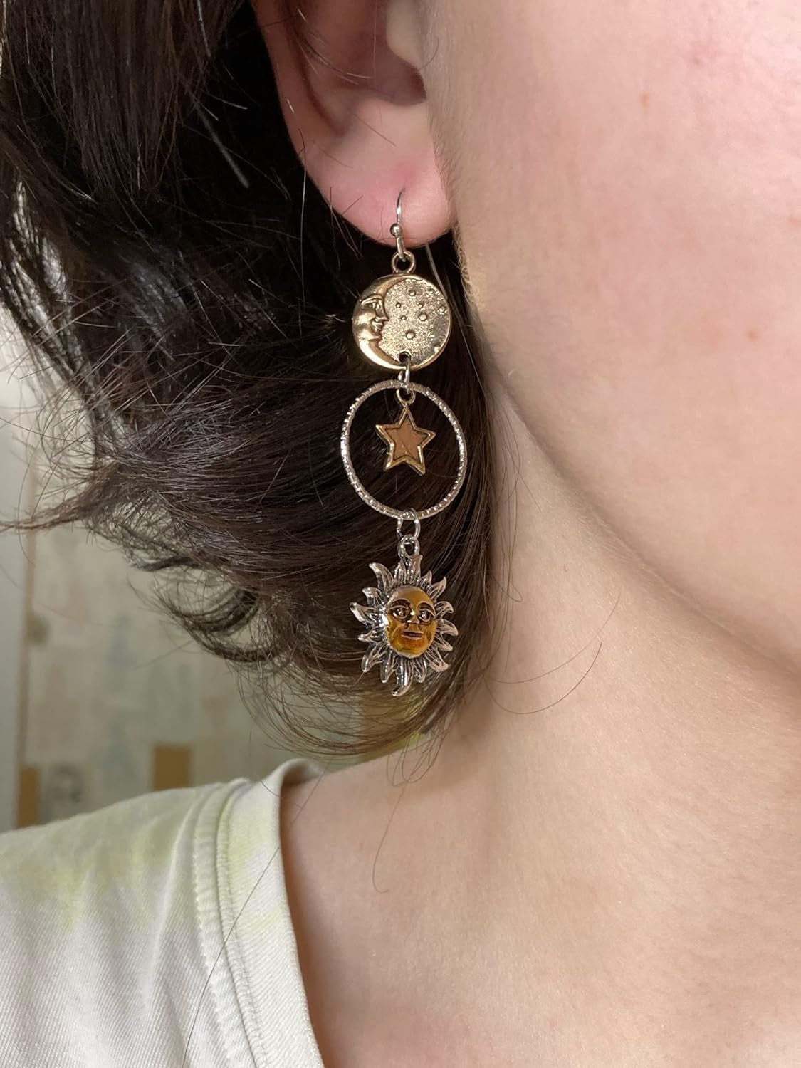 Vintage Sun Moon Star Dangle Earrings for Women Girls, Greek Mythology Asymmetric Drop Earrings (Gold)