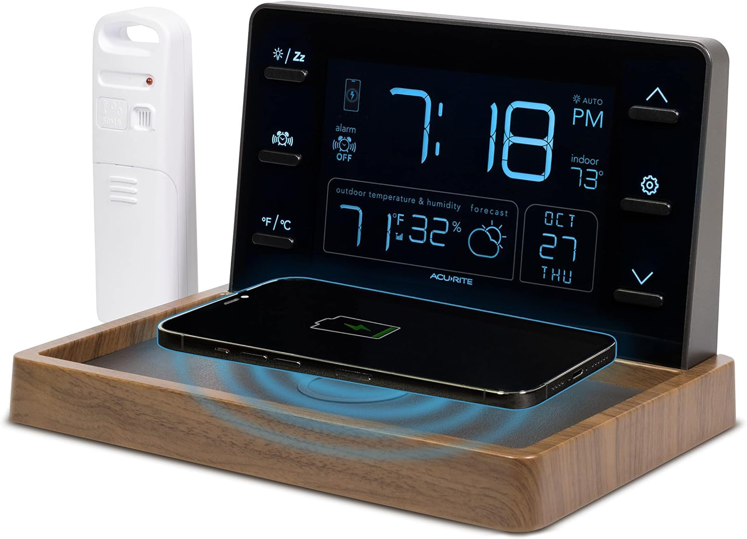 Weather Valet with Qi-Certified Wireless Charging Pad, Auto-Dimming LCD Screen, Alarm Clock, Hyperlocal Forecast, Outdoor Temperature and Humidity Measurements, and Indoor Temperature Reading (02047)