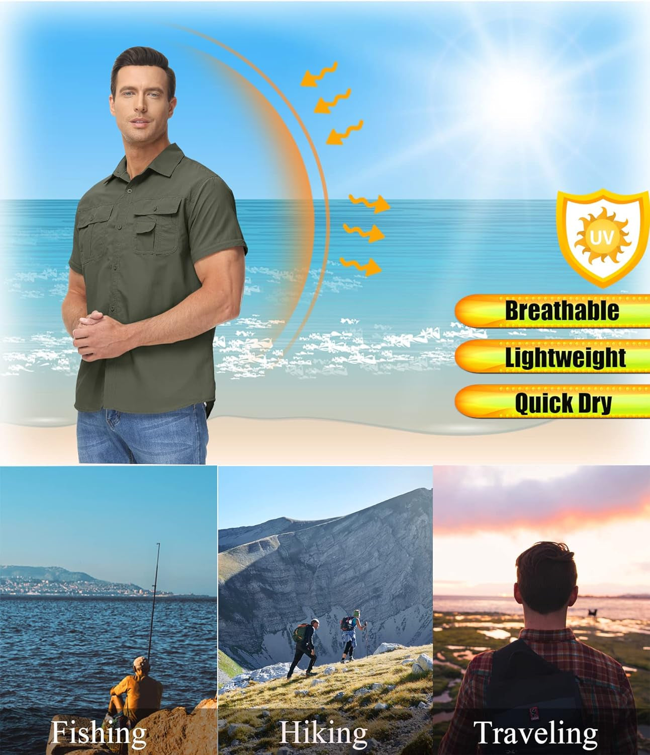 Men'S Breathable Quick Dry UV Protection Solid Convertible Long Sleeve Shirt