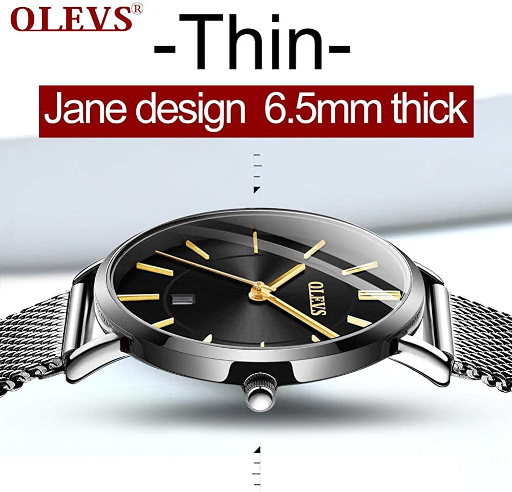 6.5Mm Ultra Thin Watches for Women Waterproof,Rose Gold Stainless Steel Ladies Watch,Casual Women Watches with Date,Big Face Female Wristwatches,Japanese Quartz Lady Watches,Gifts for Women