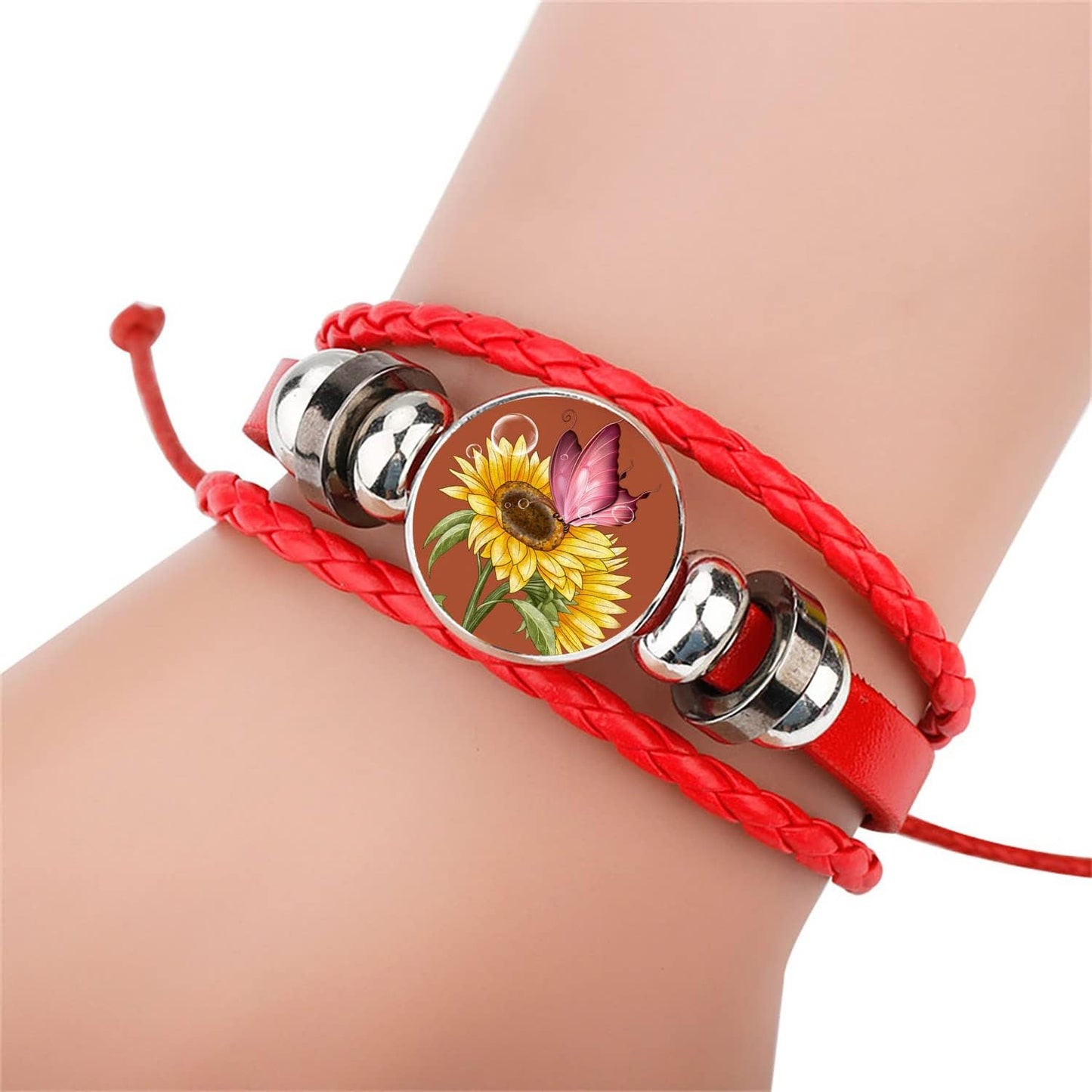 Adjustable Sunflower Braided Leather Bracelet - Cute Bangle Bracelets Jewelry for Women, the Best Gifts for Women