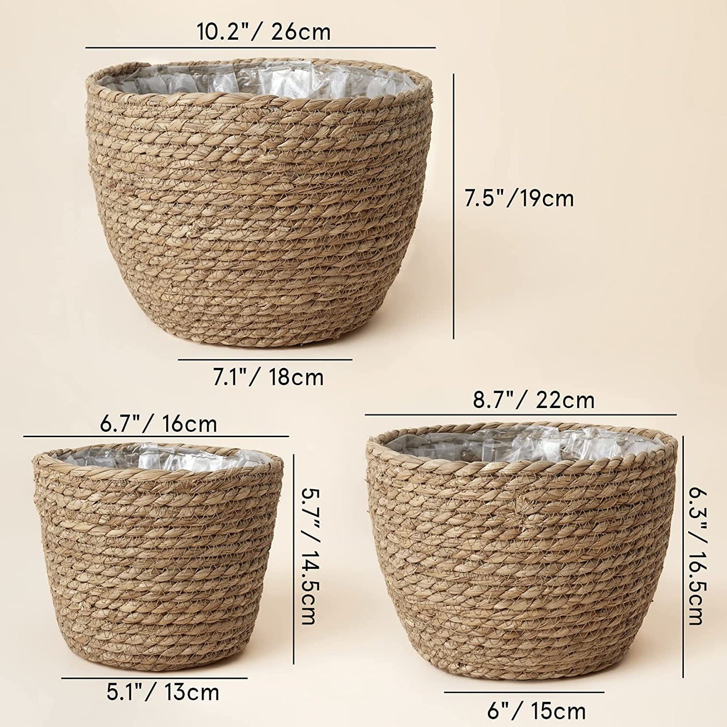La Jolíe Muse Seagrass Planter Basket Indoor, Flower Pots Cover, Plant Containers, Natural(3-Pack)