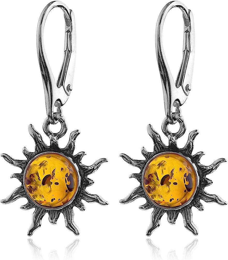 Amber Sterling Silver Flaming Sun Leverback Earrings