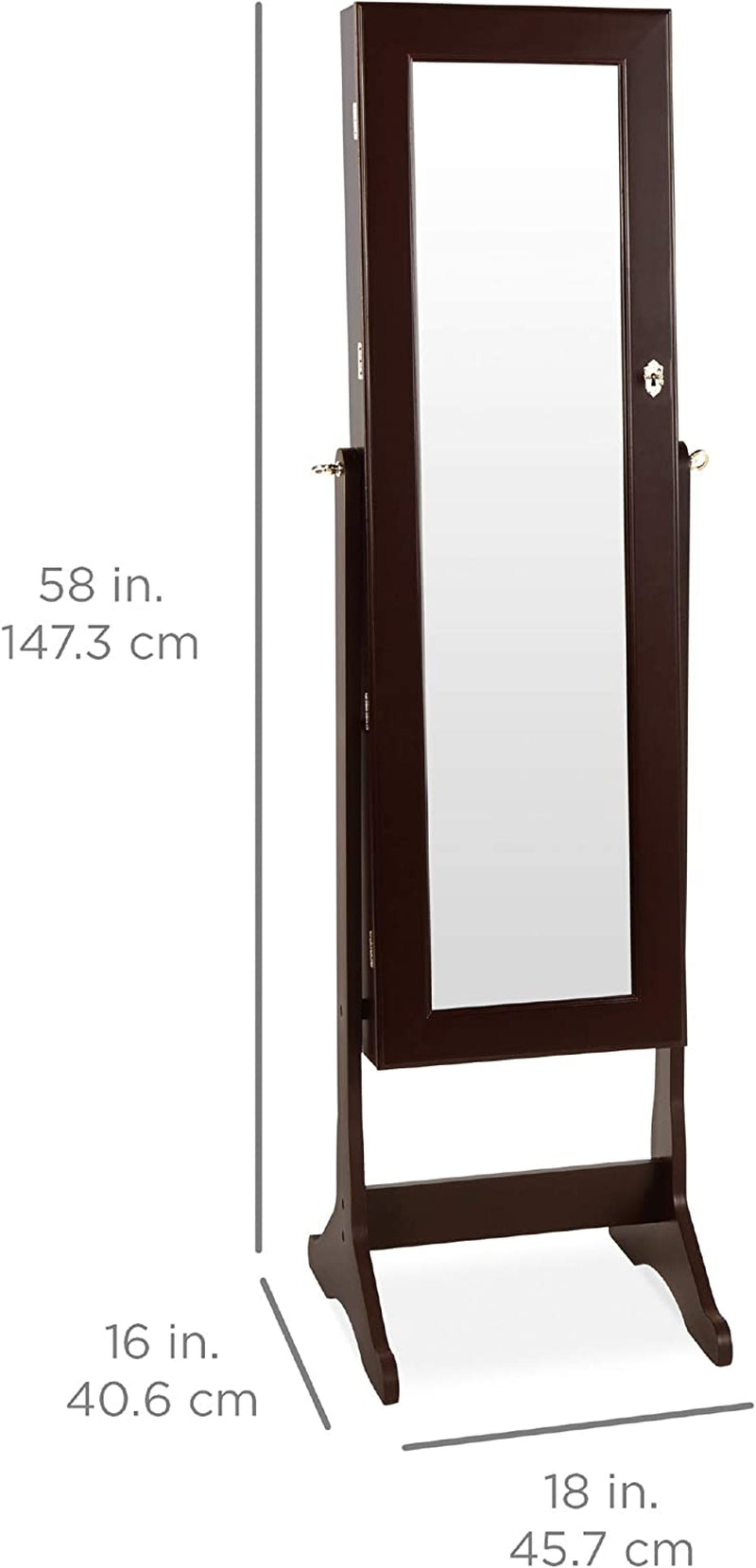 Standing Mirror Armoire, Lockable Jewelry Storage Organizer Cabinet W/ Velvet Interior, 3 Angle Adjustments - Brown
