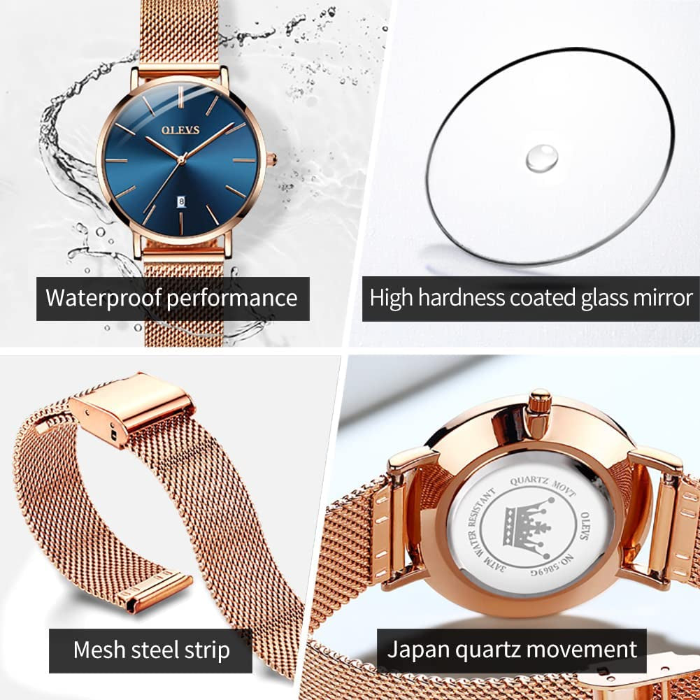 Women'S Casual Wrist Watch, 6.5Mm Ultra Thin Ladies Dress Watch, Small Analog Calendar Easy Read Watch for Women, Large Dial Mesh Bracelet Quartz Watch with Date