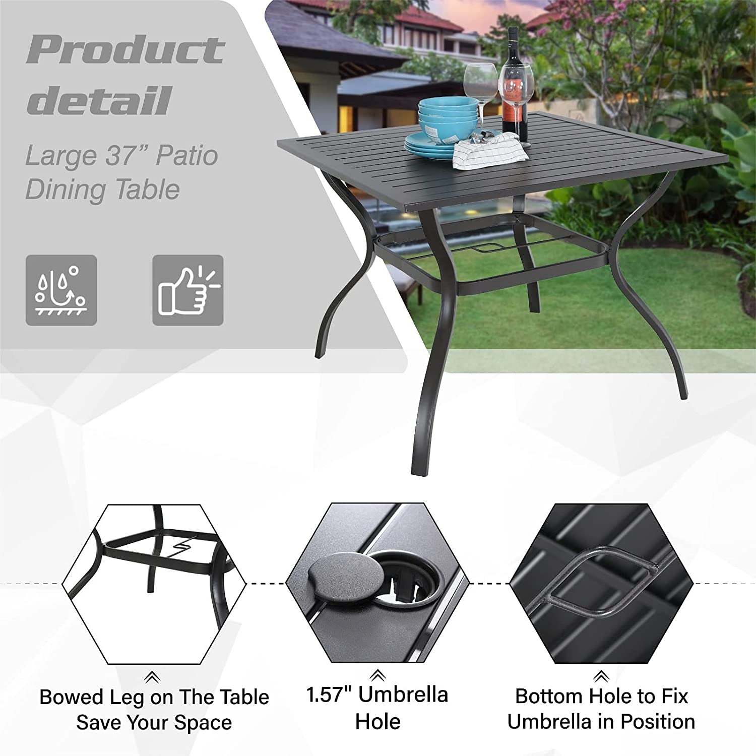 Patio Dining Set Wrought Iron Outdoor Table and Chairs Furniture Set 5 Piece, 37" Square Bistro Table with Umbrella Hole and 4 Backyard Garden Chairs Support 300LBS for Deck, Lawn, Garden