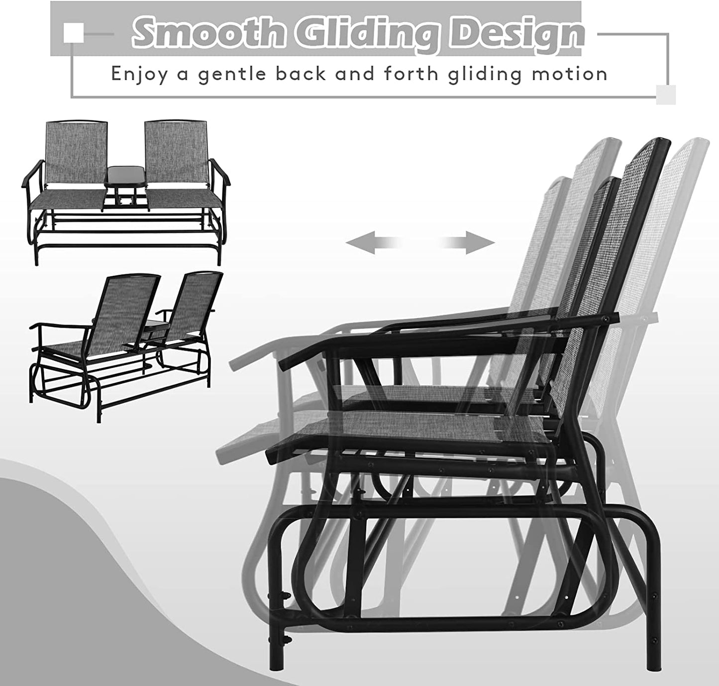 2 Person Swing Glider Chair, Patio Rocking Loveseat W/Center Tempered Glass Table, Outdoor Swing Bench W/Steel Frame & Breathable Mesh Fabric for Porch, Balcony, Poolside (Grey)