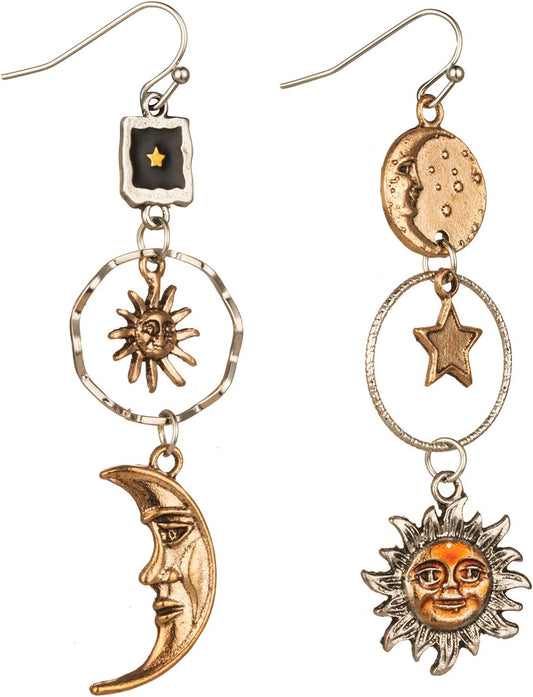 Vintage Sun Moon Star Dangle Earrings for Women Girls, Greek Mythology Asymmetric Drop Earrings (Gold)