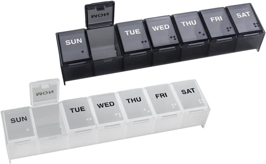 Weekly (7-Day) Pill Organizer, Vitamin Planner, and Medicine Box, Large Compartments, Includes One Black and One White - Made in the USA