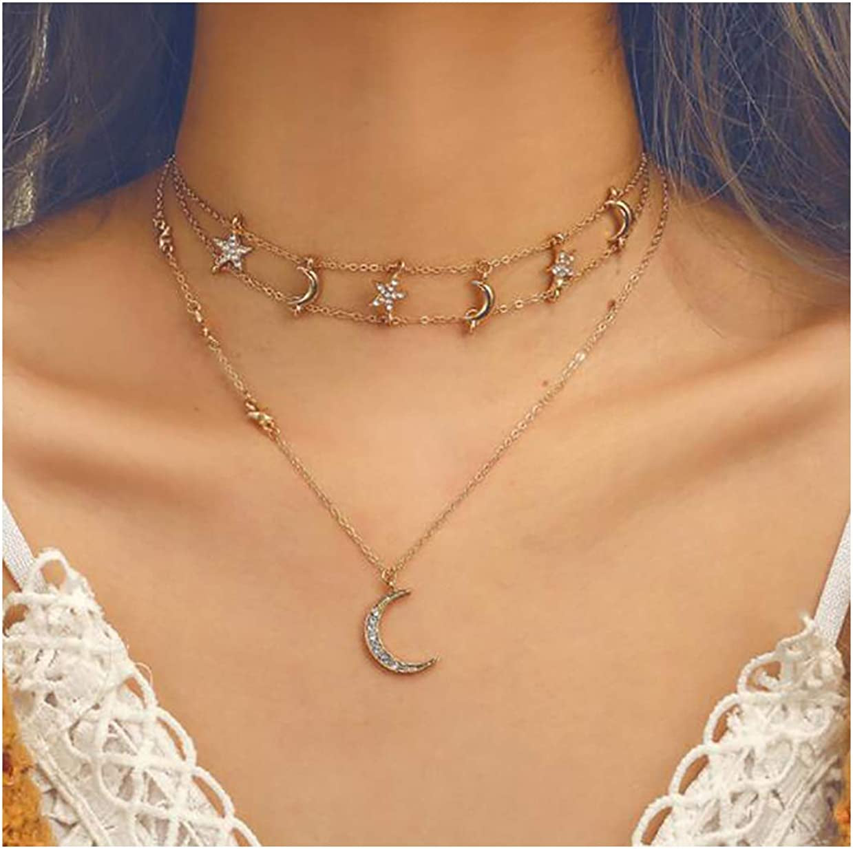 Bohemia Gold Moon and Stars Necklace for Women Fashion Gold Choker Necklace Delicate Moon Stars Jewelry for Women and Girls