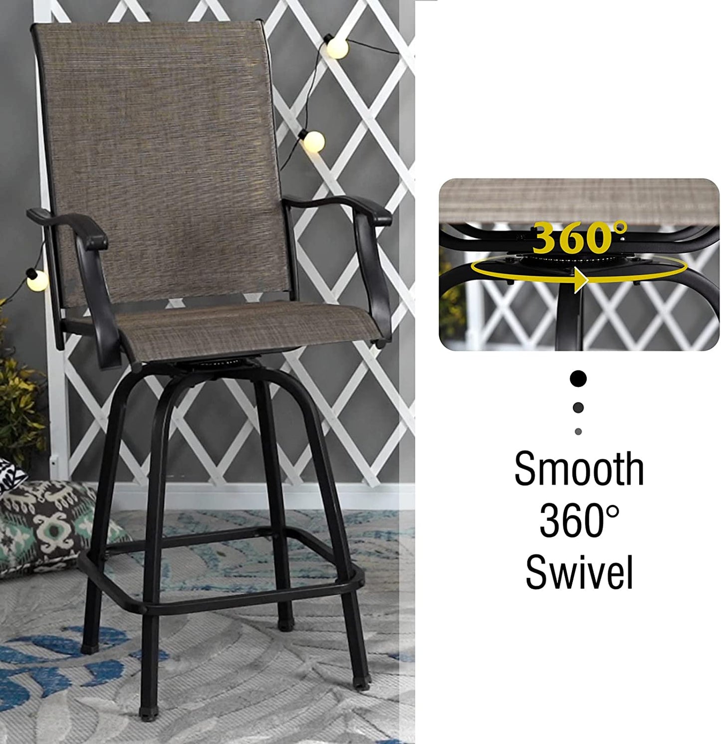 2 PCS Outdoor Swivel Bar Stools, Patio Bar Height Chair Breathable Sling Fabric, All-Weather Resistant, Brown