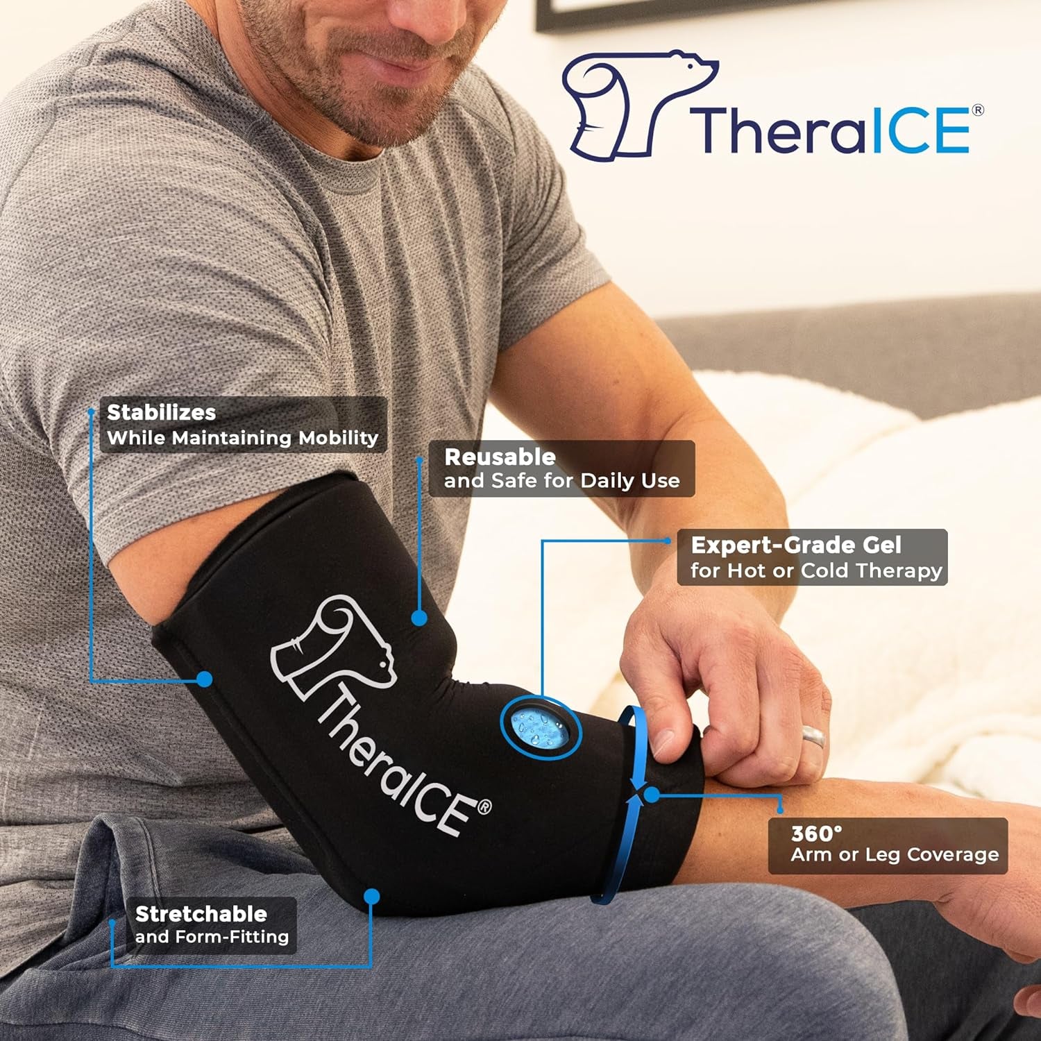 Theraice Elbow & Knee Ice Pack for Injuries Compression Sleeve, Reusable Gel Cold Pack for Knee, Elbow, Ankle, Calf - Flexible Cold Wrap Recovery for Meniscus, ACL, MCL, Pain Relief (M) Black