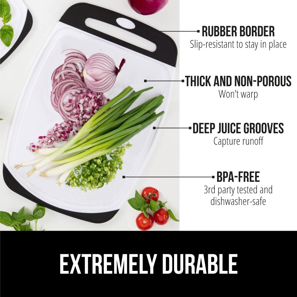 Gorilla Grip Durable Kitchen Cutting Board Set of 3, BPA Free, Reversible Use, Easy Grip Rubber Handles, Deep Juice Grooves, Large Food Chopping Boards, Dishwasher Safe, Chop Meat, Veggies, Black