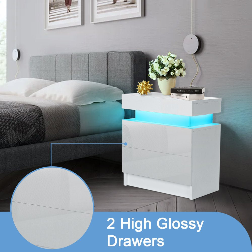 LED Light Bedside Table Cabinet Nightstand with Drawer Home Bedroom - White High Gloss Finish