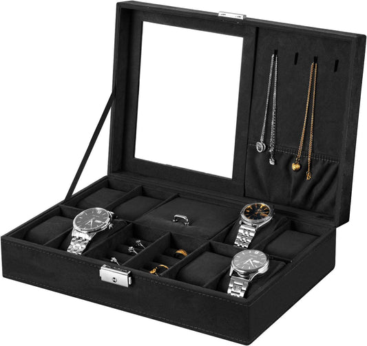 Oyydecor Jewelry Box Watch Box Organizer 8-Slot Storage Watch Organizer Case Jewelry Display Case Organizer with Mirror (Black)