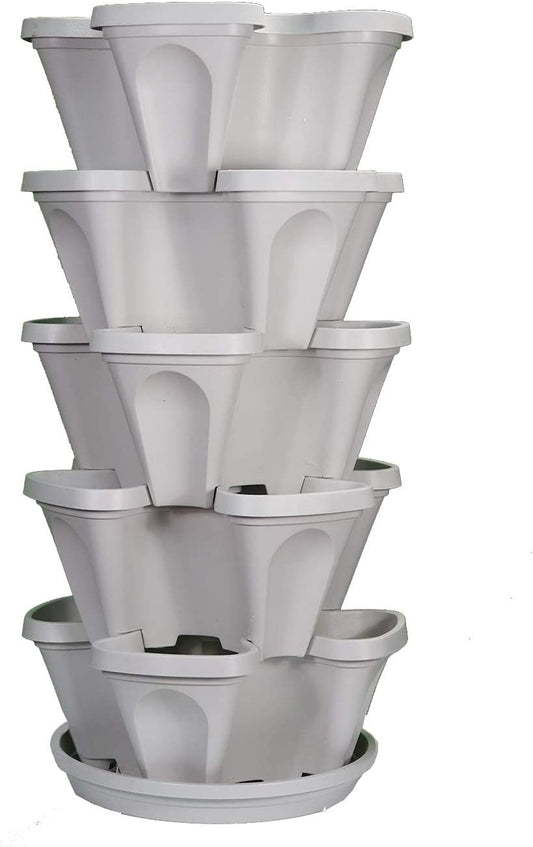 © 5-Tier 13 Inch Wide - (Stone Color) Strawberry and Herb Garden Planter - Stackable Gardening Pots with 10 Inch Saucer