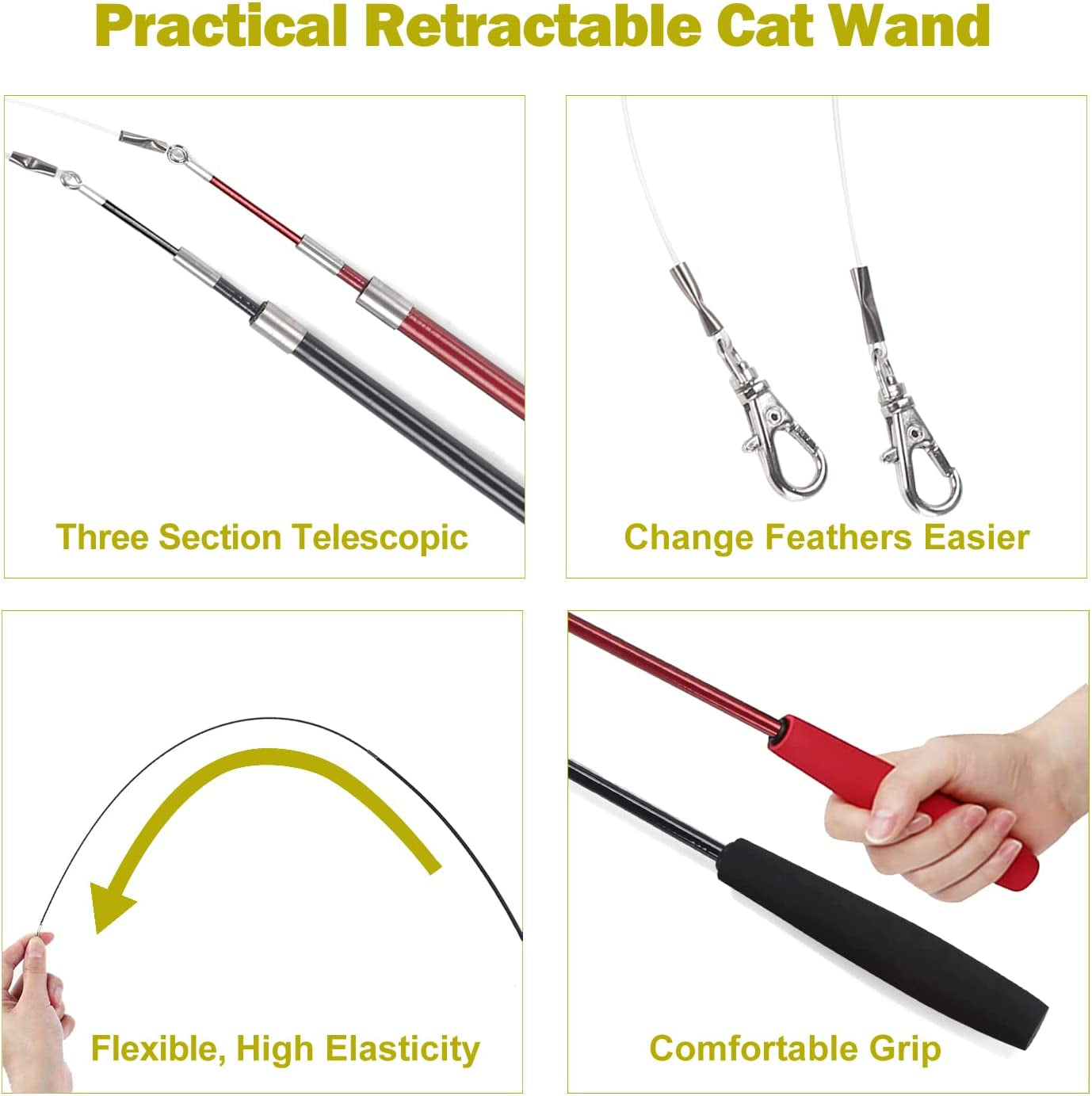 Cat Toys, 2PCS Retractable Cat Wand Toy and 9PCS Cat Feather Toys Cat Teaser Toy Refills, Interactive Cat Toy Wand Kitten Toys for Indoor Cats to Play Chase Exercise