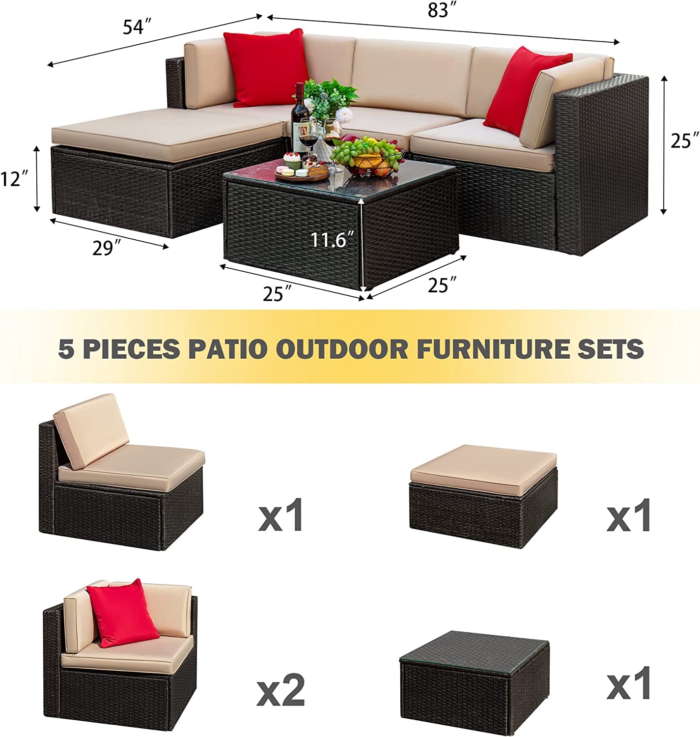 5 Pieces Patio Furniture Sectional Outdoor PE Rattan Wicker Lawn Conversation Cushioned Garden Sofa Set with Glass Coffee Table (Beige)