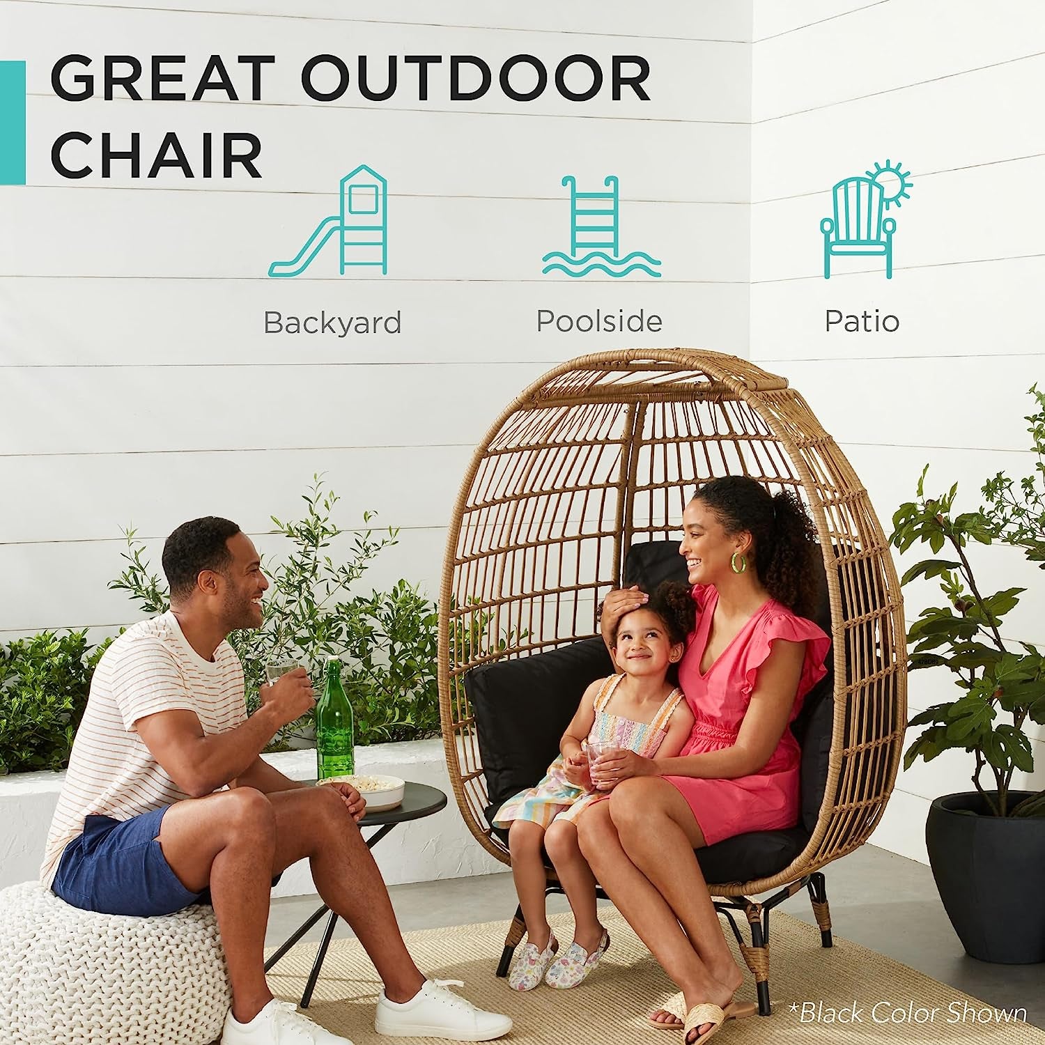 Wicker Egg Chair, Oversized Indoor Outdoor Lounger for Patio, Backyard, Living Room W/ 4 Cushions, Steel Frame, 440Lb Capacity - Ivory