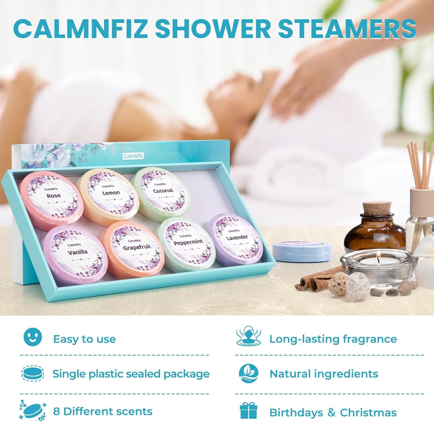 Shower Steamers - 8 Pack Set Shower Bombs Tablets in Gift Box with 8 Fragrances with Shea Butter for Self-Care & Relaxation, Gifts Idea for Women and Men
