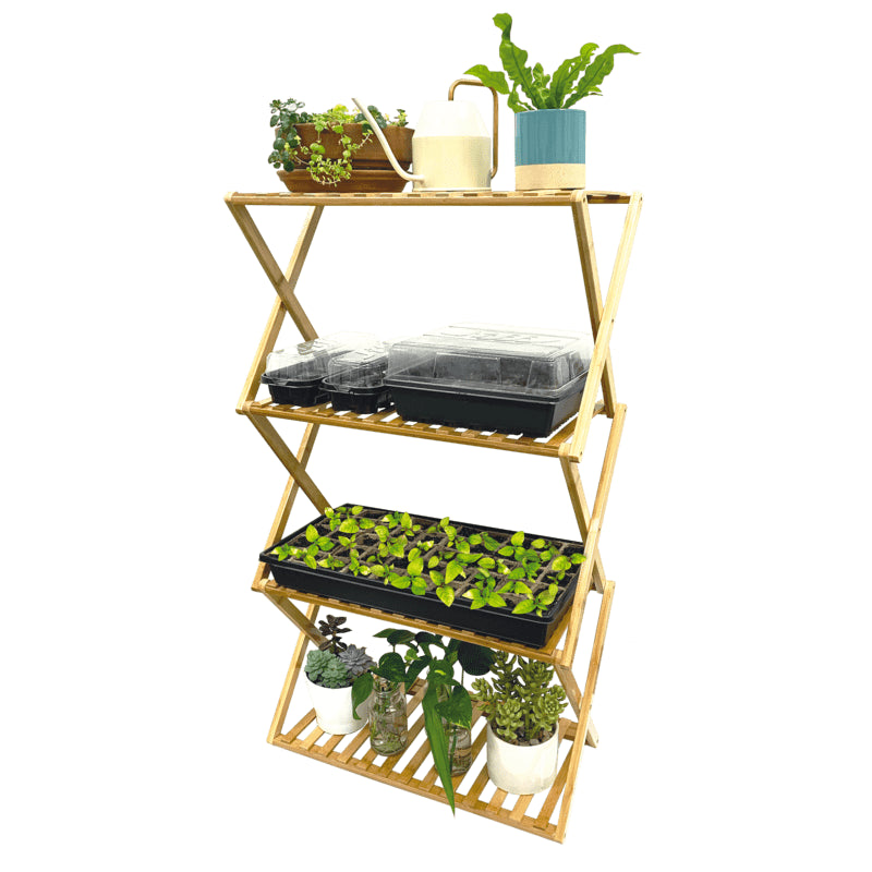 28" X 13" X 38" Indoor Pop-Up 3-Tier Natural Bamboo Plant Stand with Easy Storage - Vertical Seed Starting Station