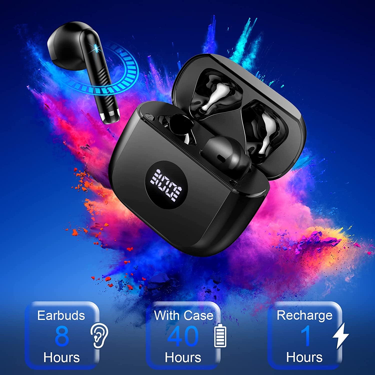 Wireless Earbuds, Bluetooth 5.3 Ear Buds LED Power Display Headphones Bass Stereo, Earbuds In-Ear Noise Cancelling Mic, 40H Playback Mini Case IP7 Waterproof Sports Earphones for Android Ios