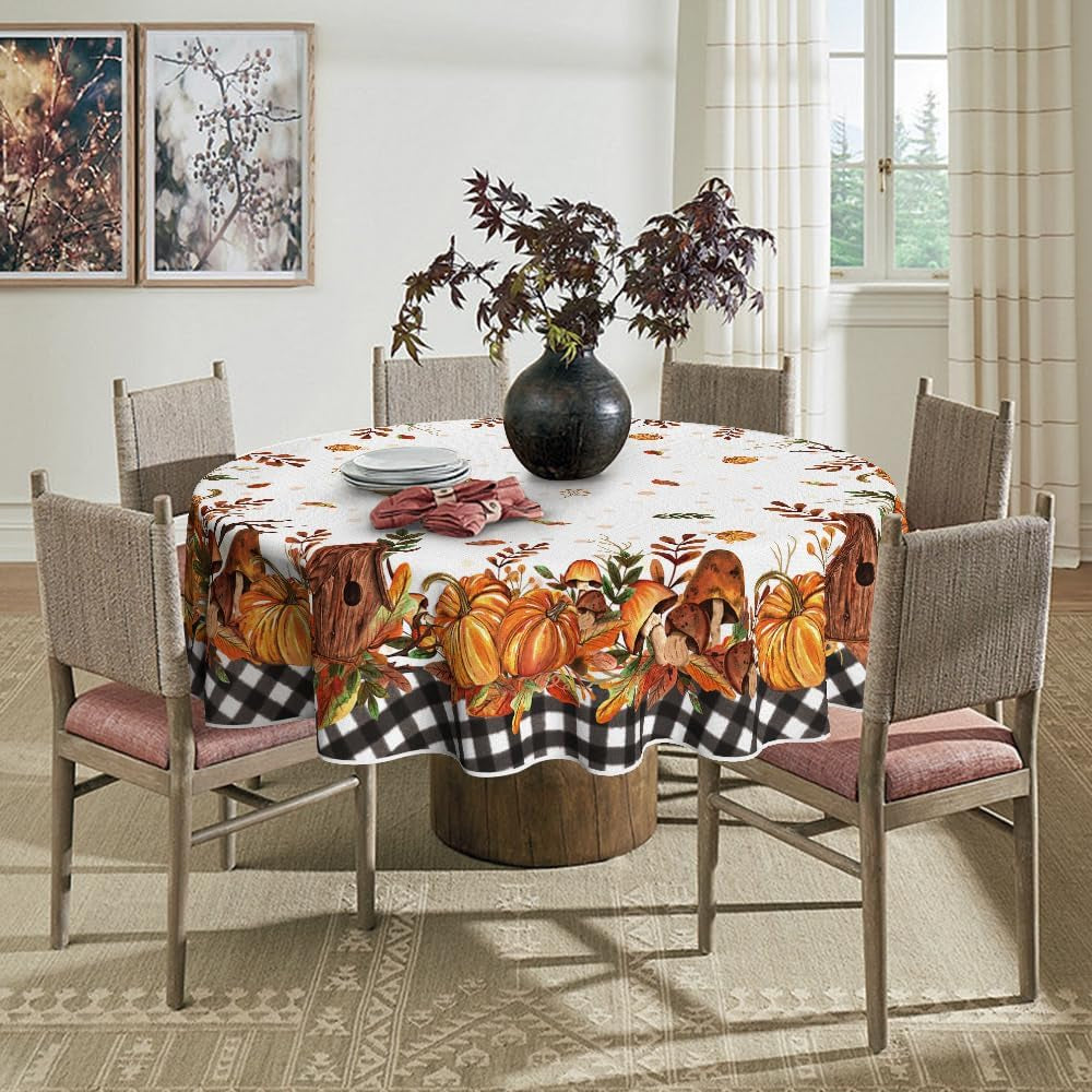 Fall Tablecloth 70X70 Inch Round, Thanksgiving Autumn Harvest Pumpkin Mushroom Black Buffalo Plaid Table Cover for Party Picnic Dinner Decor