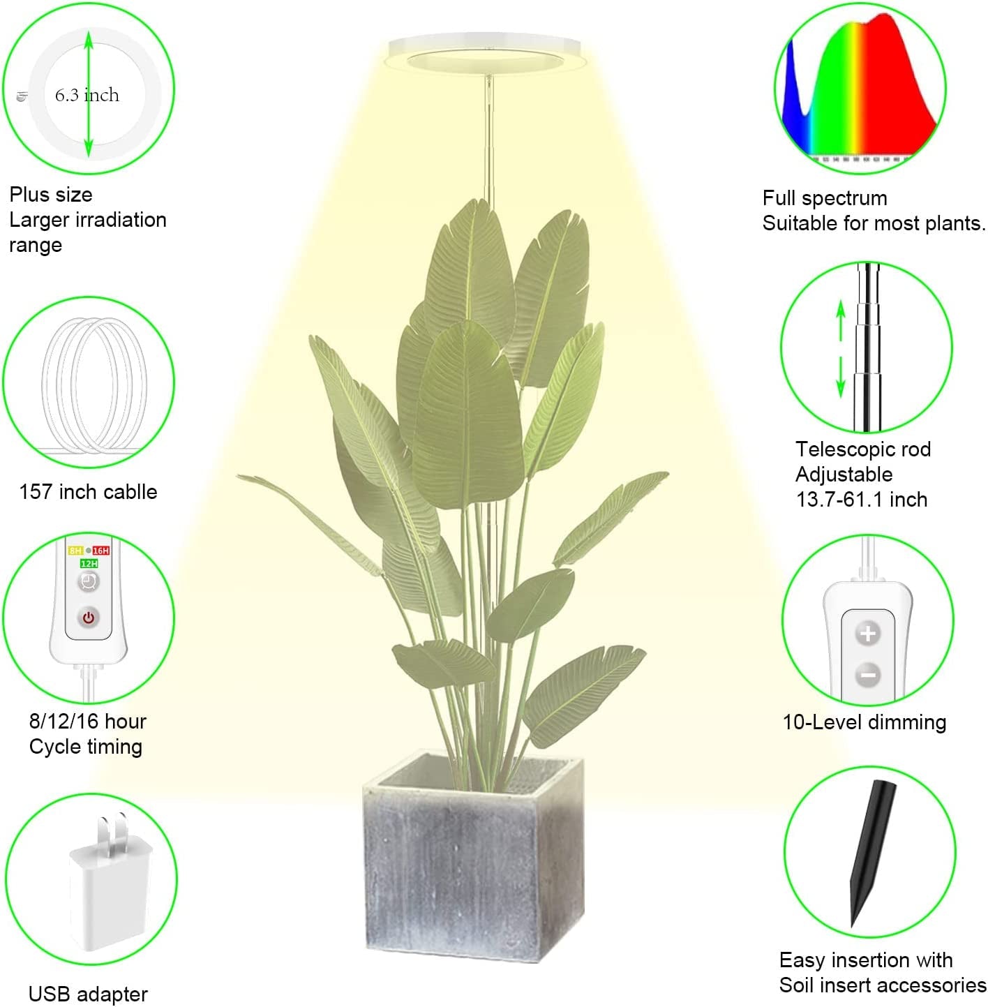 Plant Grow Light, LED Growing Light Full Spectrum for Indoor Plants,Height Adjustable, Automatic Timer, 5V Low Safe Voltage,Idea for Large Plant Light