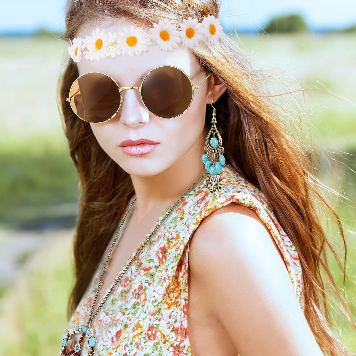 Hippie Costume Set Include Sunglasses, Headband, Peace Sign Necklace and Earring (Turquoise Style)