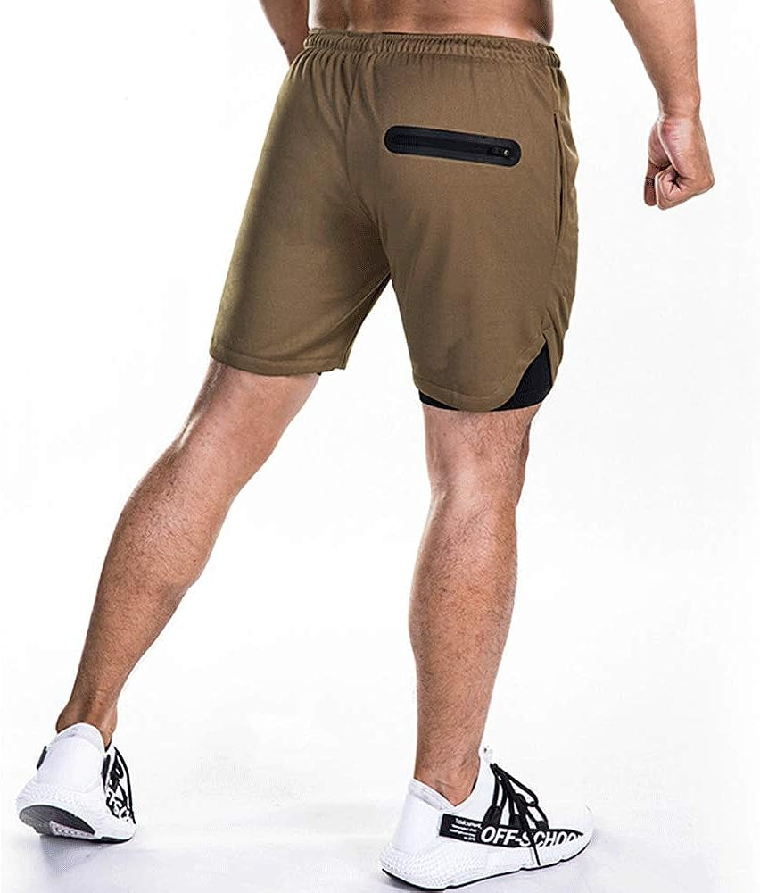 Men'S 2-In-1 Bodybuilding Workout Shorts Lightweight Gym Training Short Running Athletic Jogger with Zipper Pockets