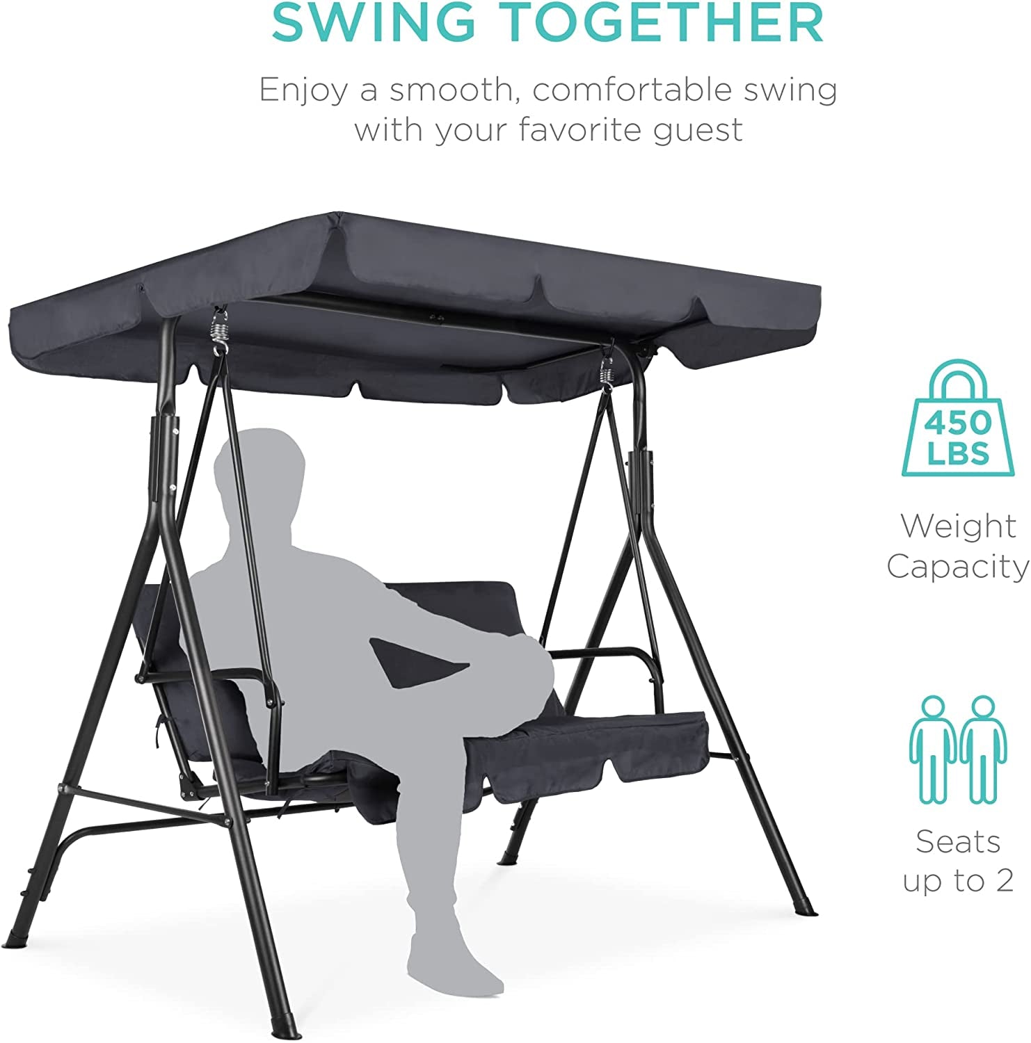 2-Person Outdoor Patio Swing Chair, Hanging Glider Porch Bench for Garden, Poolside, Backyard W/Convertible Canopy, Adjustable Shade, Removable Cushions - Gray