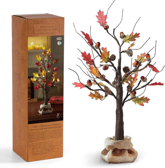 24 Inch Artificial Fall Oak Maple Tree, Lighted Fall Decorations for Home, Fall Centerpieces for Tables, Perfect for Thanksgiving, Autumn, Wedding and Halloween Decor