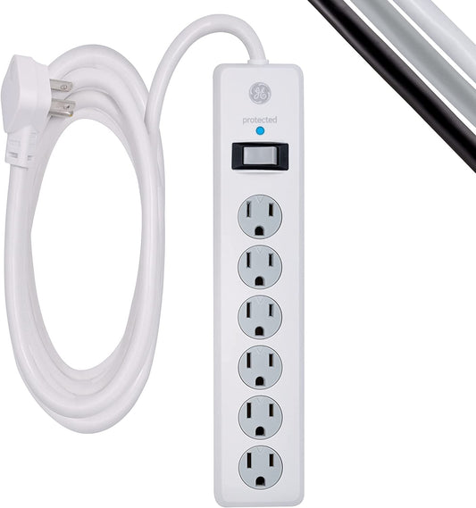 6-Outlet Sur Protector, 10 Ft Extension Cord, Power Strip, 800 Joules, Flat Plug, Twist-To-Close Safety Covers, UL Listed, White, 14092