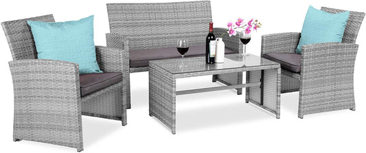 4-Piece Outdoor Wicker Patio Conversation Furniture Set for Backyard, Deck, Poolside W/Coffee Table, Seat Cushions - Gray Wicker/Gray Cushions