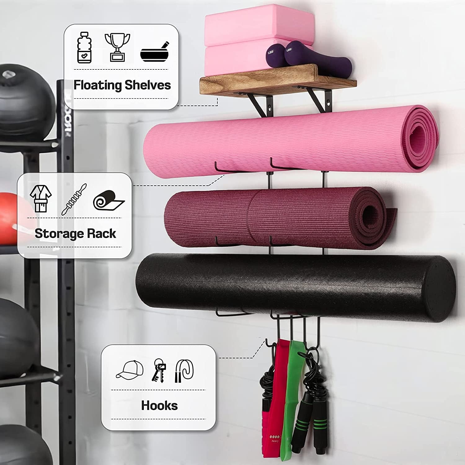 Yoga Mat Holder Wall Mount Yoga Mat Storage Home Gym Accessories with Wood Floating Shelves and 4 Hooks for Hanging Foam Roller and Resistance Bands Fitness Home Gym