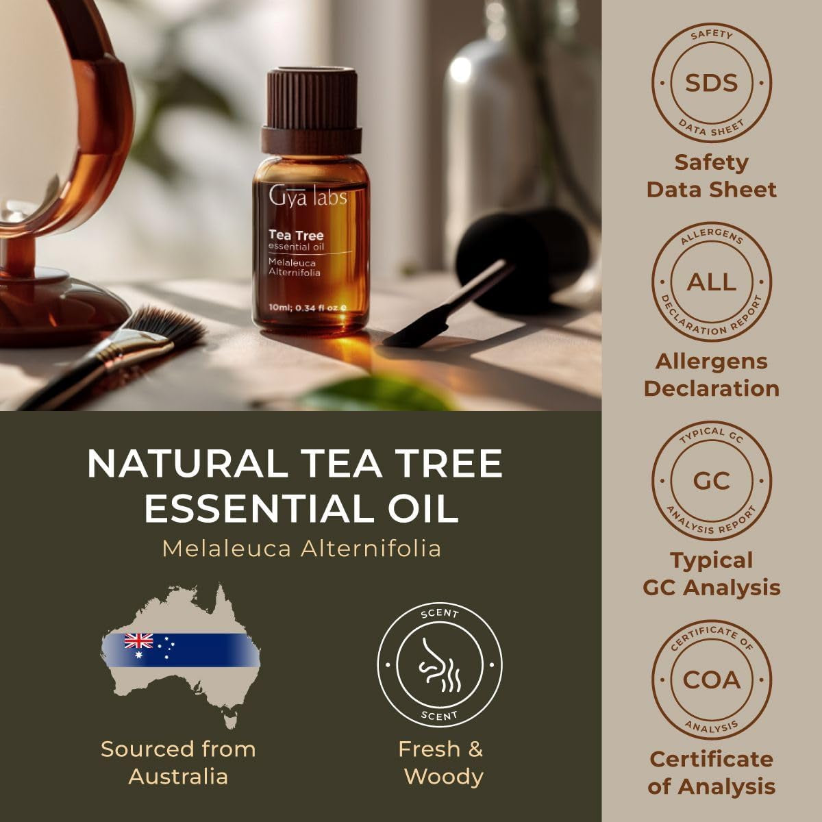 Australian Tea Tree Oil for Skin, Hair, Face & Toenails - 100% Natural Melaleuca Essential Oil for Piercings, Scalp & Hair (0.34 Fl Oz)