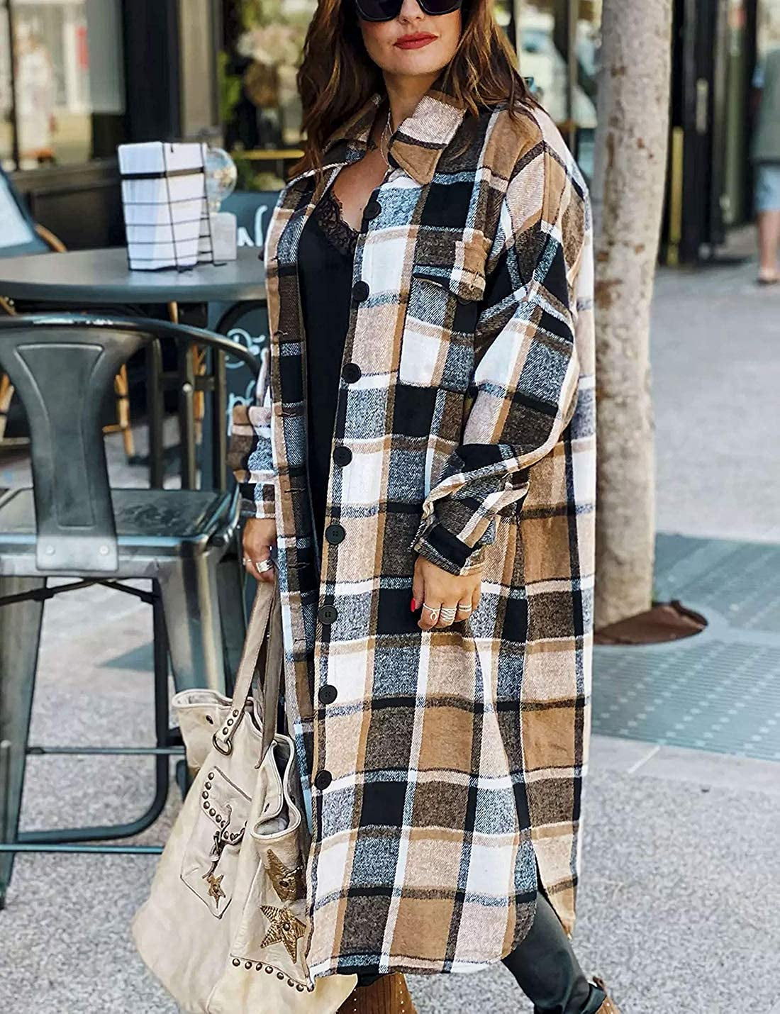 Women'S Lounge Lapel Button up Long Sleeve Plaid Long Shirt Jacket Shacket