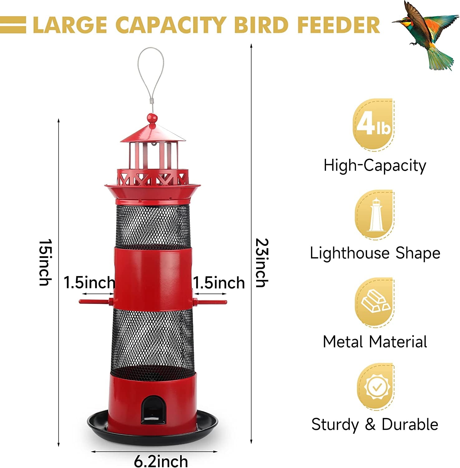 Bird Feeders for Outdoors Hanging, Squirrel Proof Wild Bird Feeder for Outside, Metal Bird Seed Feeder for Small Birds, 4 Lbs Large Capacity for Cardinal, Finch, Sparrow, Blue Jay.