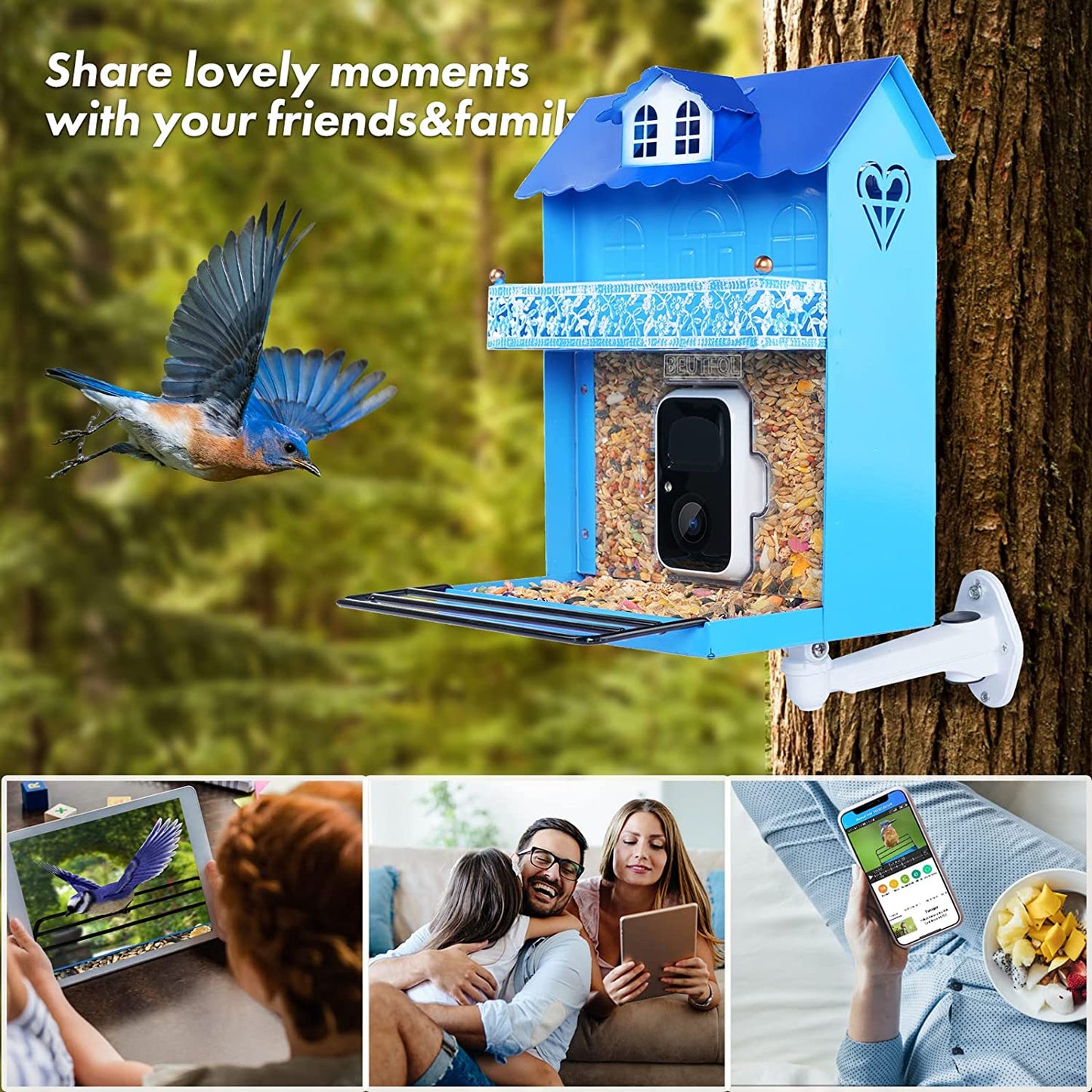 Smart Bird Feeder with Camera,Bird Feeder Camera Auto Capture Birds and Notify,Ip65 Rainproof 1080P HD Full Color Night Vision Bird House Camera,Free 32G SD Card, Ideal Gift for Family