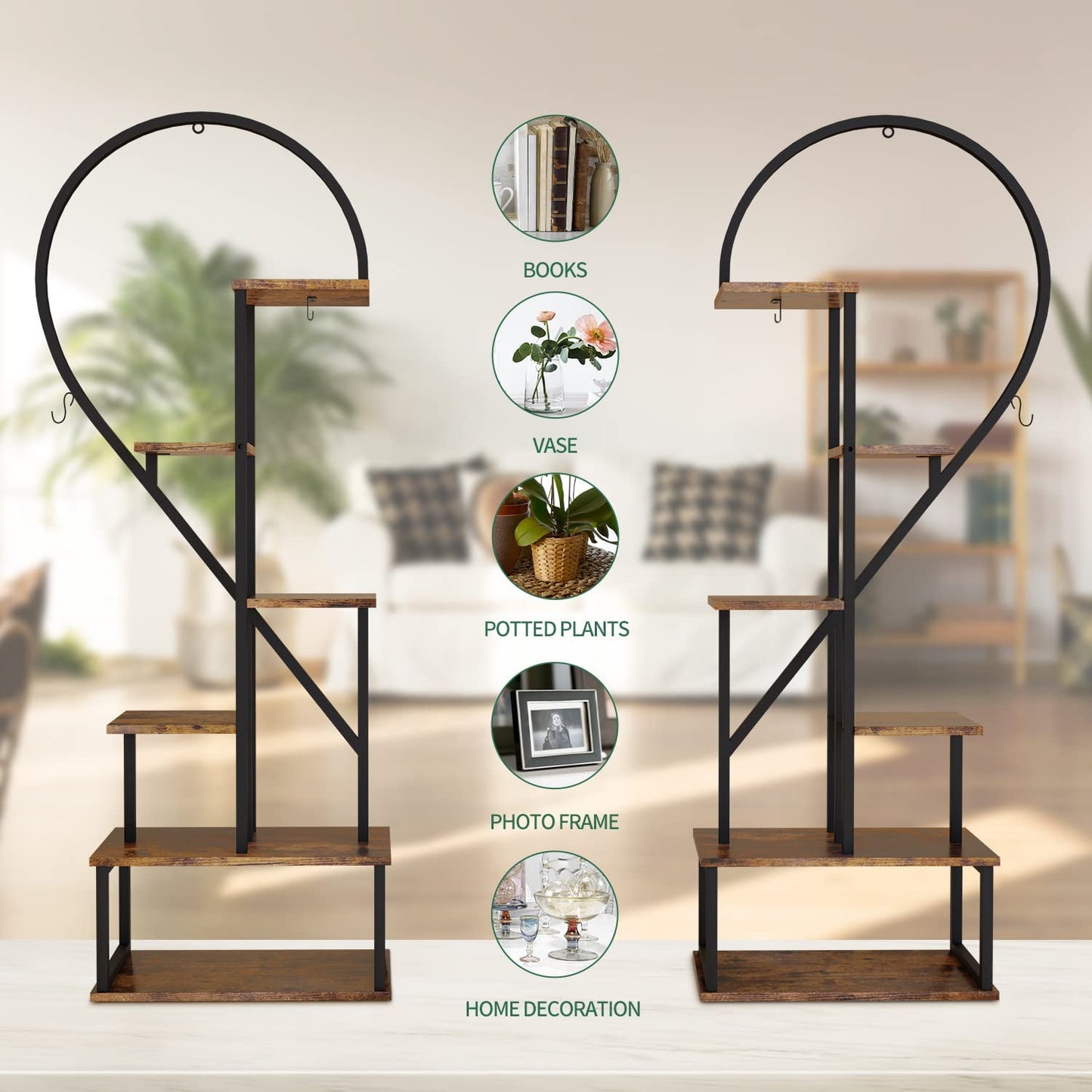 6 Tier Metal Plant Stand, Creative Half Heart Shape Ladder Plant Stands for Indoor Plants Multiple, Black Plant Shelf Rack for Home Patio Lawn Garden (2 Pack)