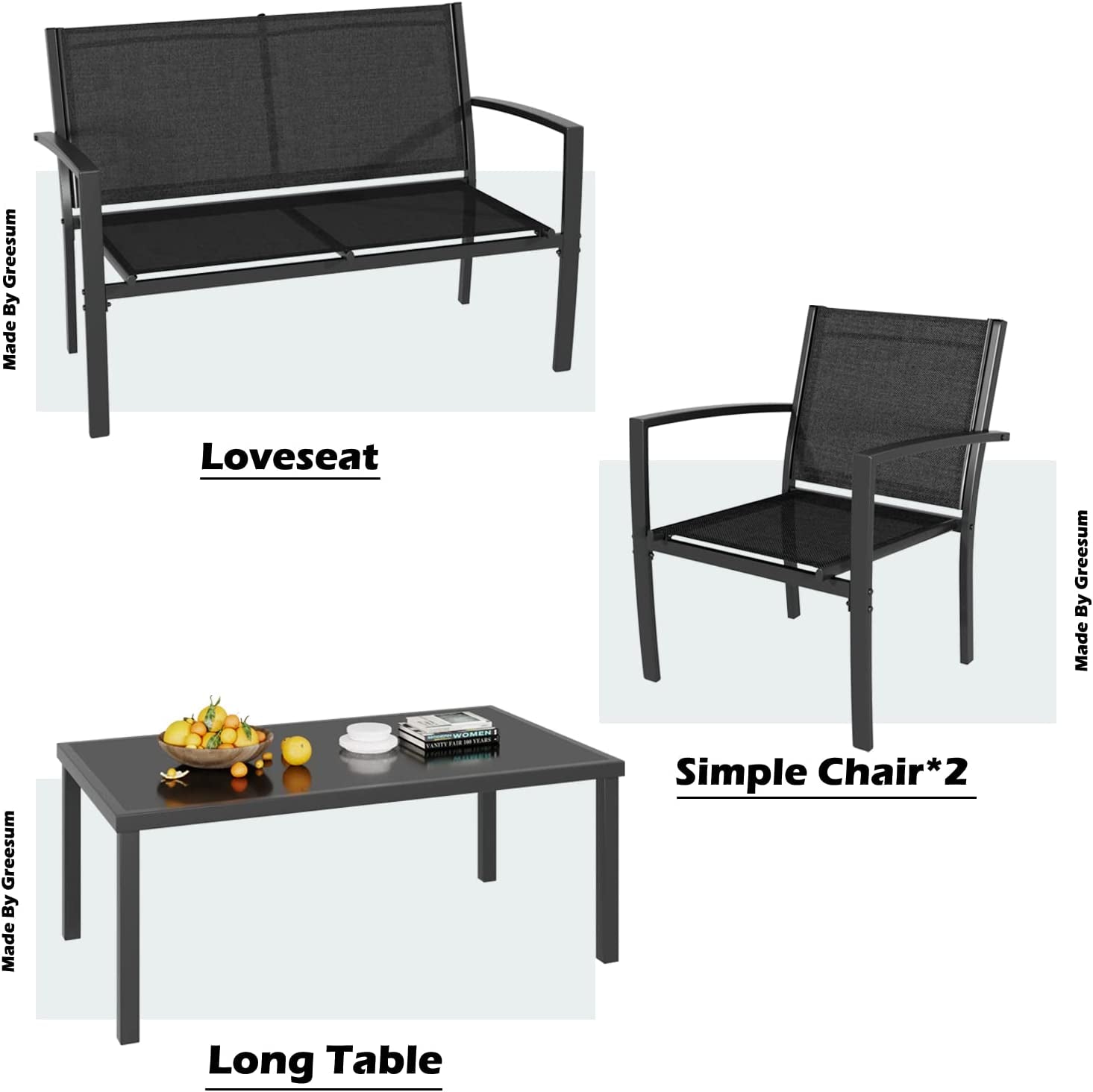 4 Pieces Patio Furniture Set, Outdoor Conversation Sets for Patio, Lawn, Garden, Poolside with a Glass Coffee Table, Black