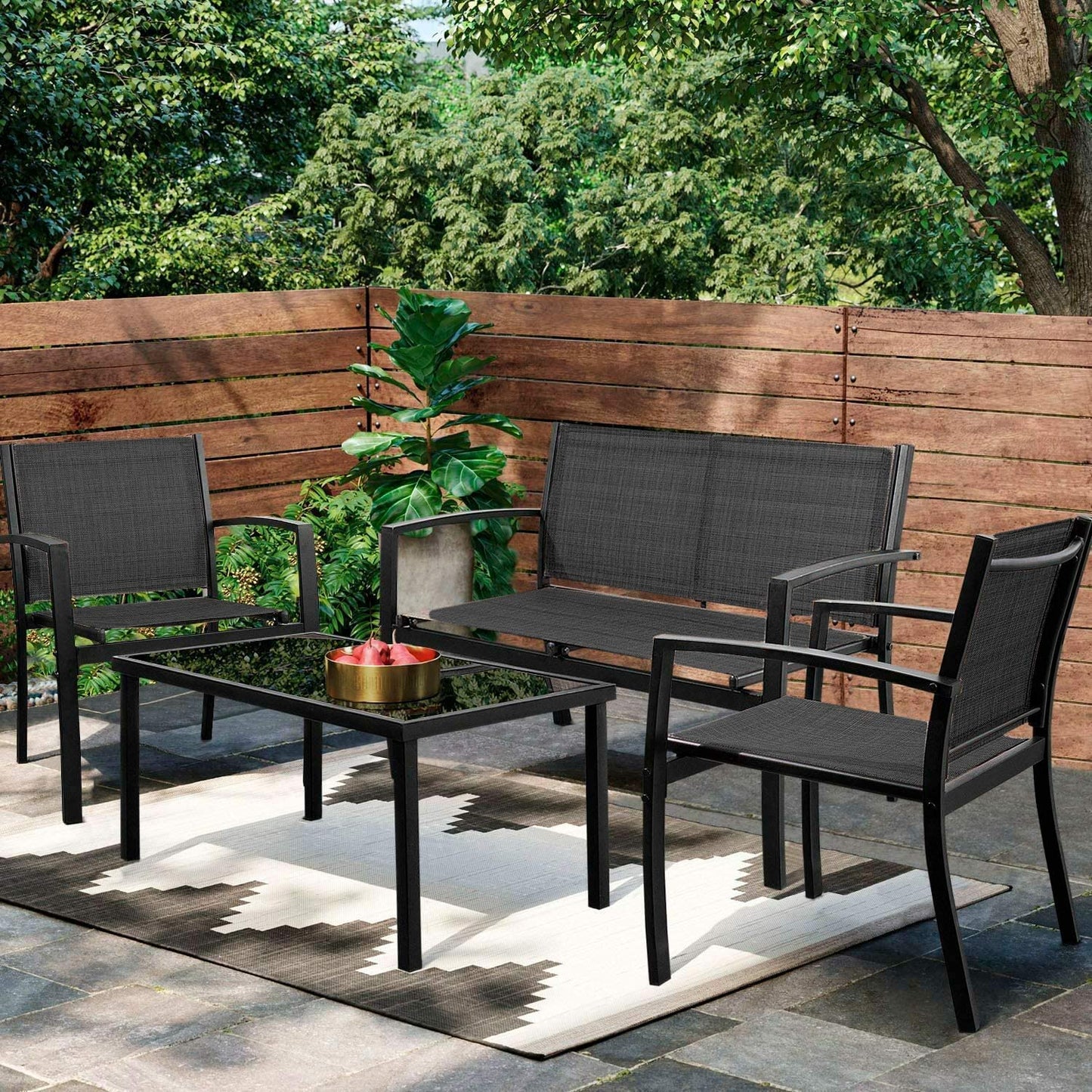 4 Pieces Patio Furniture Set, Outdoor Conversation Sets for Patio, Lawn, Garden, Poolside with a Glass Coffee Table, Black