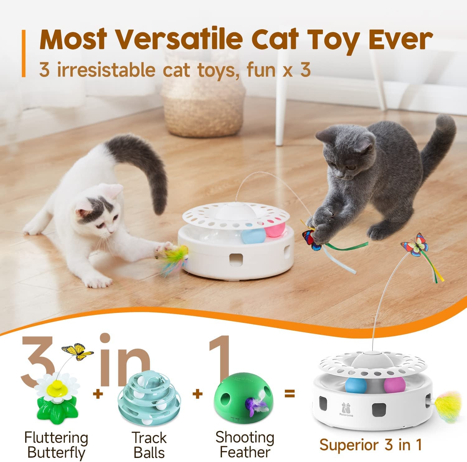 Cat Toys 3-In-1 Smart Interactive Kitten Toy, Fluttering Butterfly, Random Moving Ambush Feather, Catnip Bell Track Balls, Dual Power Supplies, Indoor Exercise Cat Kicker (Bright White)