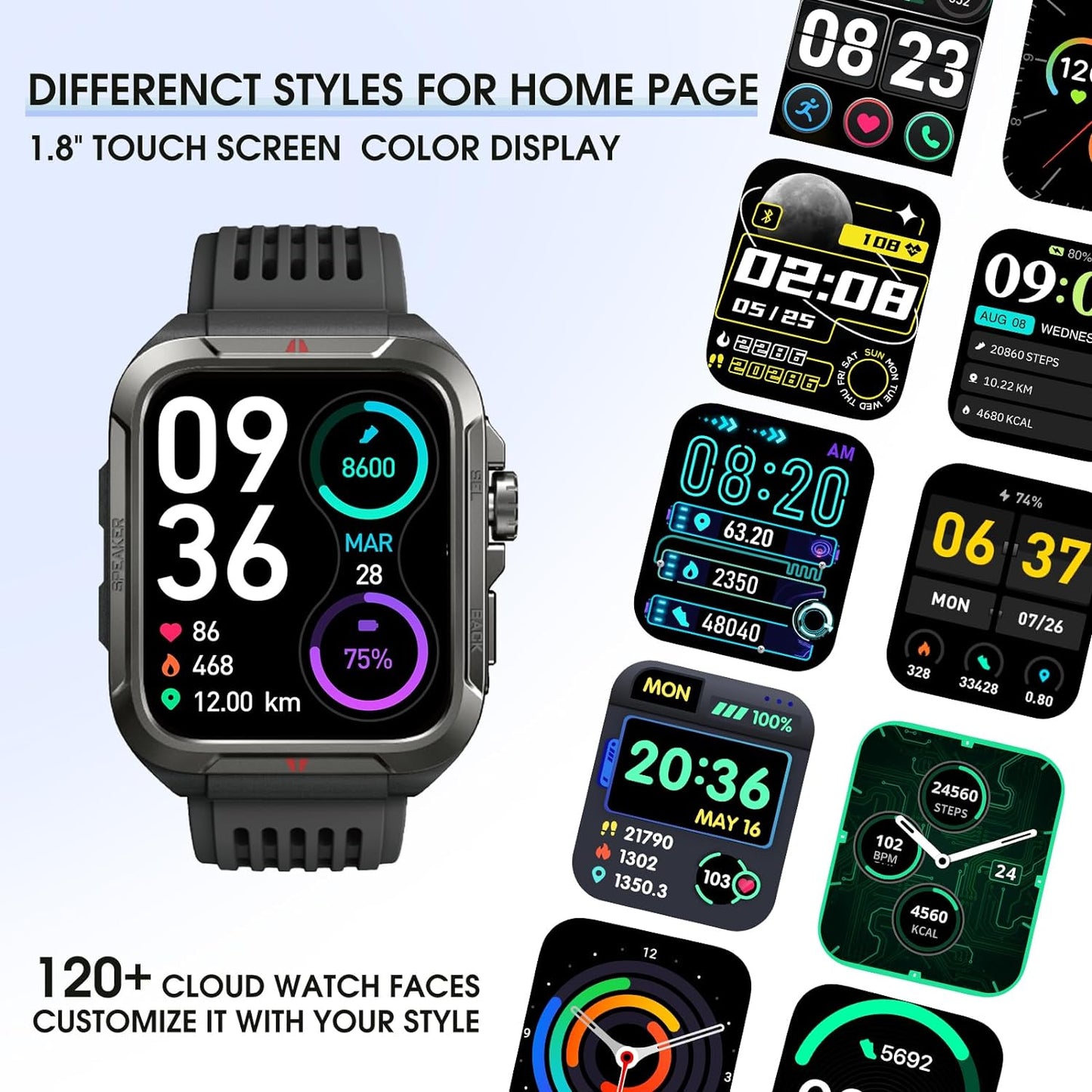 Smart Watch, 1.8" Touch Screen Smartwatch with Alexa Built-In IP68 Waterproof, Fitness Tracker with 100+ Sports Modes Heart Rate/Blood Oxygen/Stress/Sleep Monitor for Men and Women (Black)