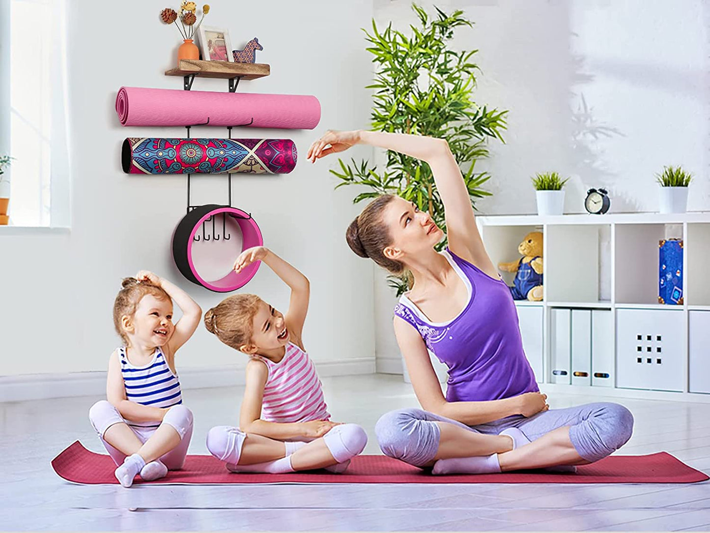 Yoga Mat Holder Wall Mount Yoga Mat Storage Home Gym Accessories with Wood Floating Shelves and 4 Hooks for Hanging Foam Roller and Resistance Bands Fitness Home Gym