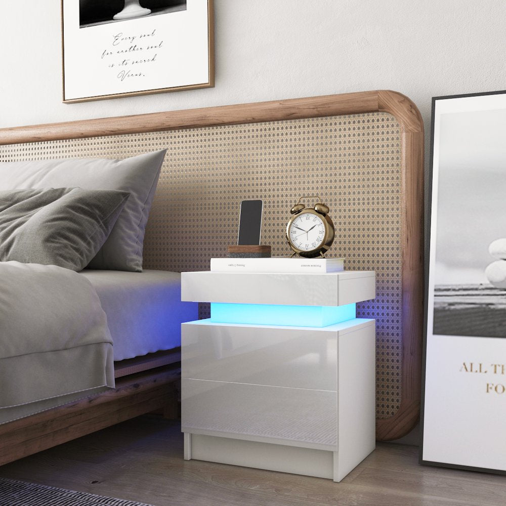 LED Light Bedside Table Cabinet Nightstand with Drawer Home Bedroom - White High Gloss Finish